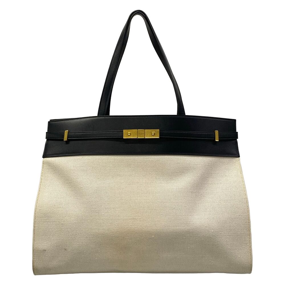 Saint Laurent PARIS Manhattan Medium Tote Bag 553745 Cream Black Canvas Leather